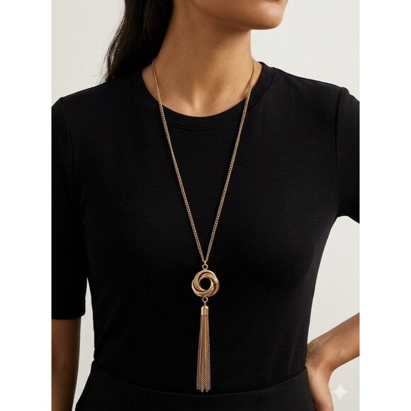 Unbranded Jewelry - Boho Vintage Long 40 Inch Gold Chain Tassel Necklace, Triple Ring Eternity Knot